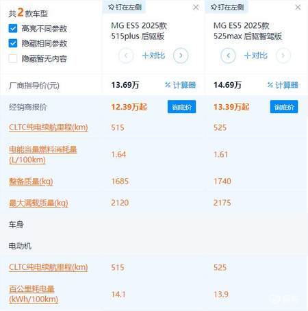 最长续航525km 上汽名爵MG ES5应该怎么选？