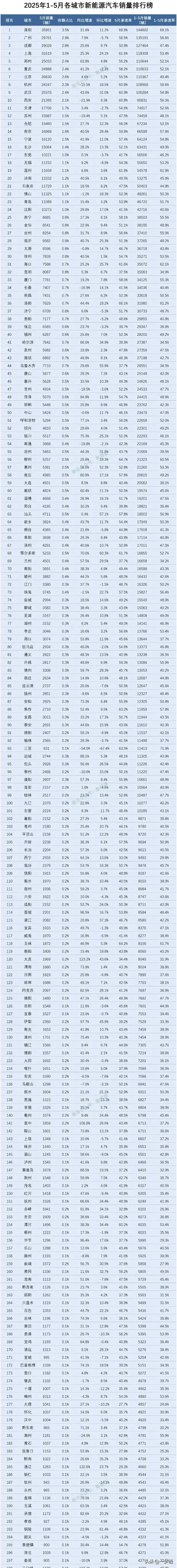 2025年1-5月各城市新能源汽车销量排行